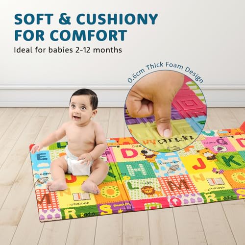 Image of Amazon Brand - Supples Reversible Baby Playmat | Certified BIS-Approved Foldable Foam Mat for Learning & Crawling | 0.6 cm Thick | 2+ Months Baby | Alphabetical Design | 6.5 x 4.5 ft Multicolour