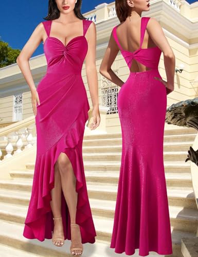 Image of VFSHOW Womens Glitter Sweetheart V Neck Twist Front Backless Ruched Ruffle Slit Formal Evening Gown Maxi Dress