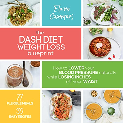 The DASH Diet Weight Loss Blueprint: How to Lower Your Blood Pressure Naturally While Losing Inches off Your Waist audiobook cover depicting the book's title and a series of plates with foods like pasta, soup, chocolate pudding