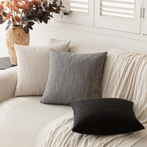 Image of Foindtower Set of 2 Decorative Textured Burlap Linen Throw Pillow Covers Farmhouse Boho Cushion Cover Solid Accent Pillowcase for Couch Sofa Bed Living Room Home Decor,18x18 Inch,Dark Gray
