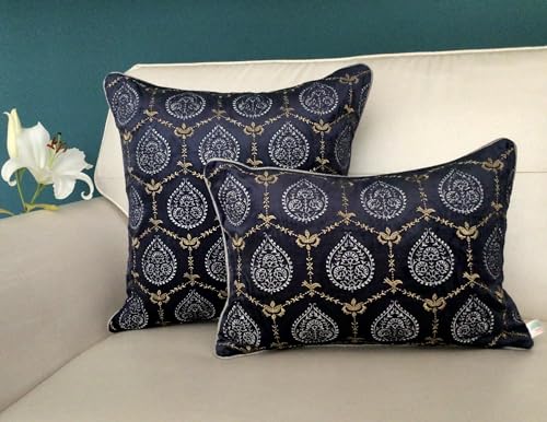 Image of TARA- Sparkling Homes 18 x 18 Inches Zari Embroidered Velvet Cushion Covers, Padmini' from 'The Royal Collection', Set of 1 (Midnight Blue, 18 x 18 Inches)