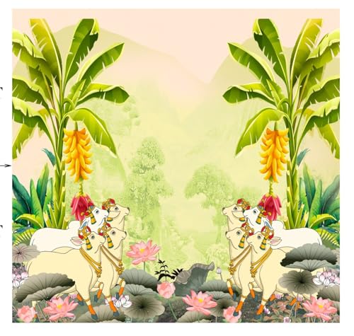 Image of Backdrop for Pooja Decorations| Backdrop for Pooja decorationss Cow Wedding Decorations Cloth Yellow Clour 8x8 feet (Small 8 Cows) Pooja backdrops Cloth | bhogi Pallu Decoration backdrops