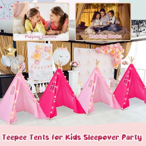 Woanger YX-WOANGER-3276 6 Set Teepee Tent For Kids With 10Ft Light String Set Foldable Play Tent Cotton Canvas Child Tent Led Star Lights For Indoor Outdoor Playhouse Toddler Girls Boys House Room  thumb #4