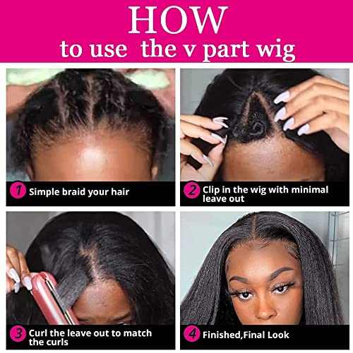 Image of KLAIYI V Part Kinky Straight Human Hair Glueless Wear and Go Wig Upgrade U Part Wigs for Women No Glue No Leave Out Yaki Straight None Lace Front Clip In Half Wig Ready to Go Beginners 24Inch