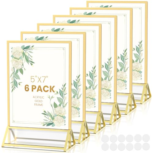YOAEAILY Acrylic Sign Holder 5X7 Gold Frames Double-Sided Gold Picture Frames for Flyer Holder Menu Holder Wedding Table Number Holder Christmas Photo Frame with Removable Sticky Dots -6 Pack