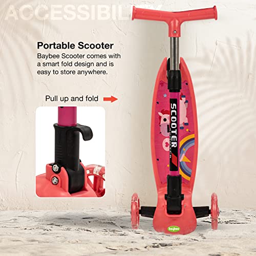 Image of Baybee Phoenix Skate Scooter for Kids, Smart 3 Wheel Kids Scooter with 3 Height Adjustable Handle, Kick Scooter with Led PU Wheels & Rear Brake, Runner Scooter for Kids 3 to 6 Years Boy Girl (Pink)