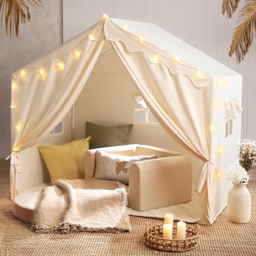Tiny Land Kids Tent with Mat and Star Lights, Indoor Playhouse for Toddlers, 57'x36'x52' Large Reading Nook for Girls & Boys, Modern Bed Canopy for Kids Room
