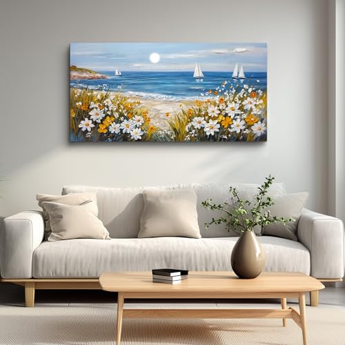 KELIYUAN Vintage Landscape Painting Home Decor Canvas Blue Ocean Beach Picture Print Wall Art For Living Room Farmhouse Dinin Mural White Flowers Bedroom Office Wall Decor Easy To Hang 20x40 Inches