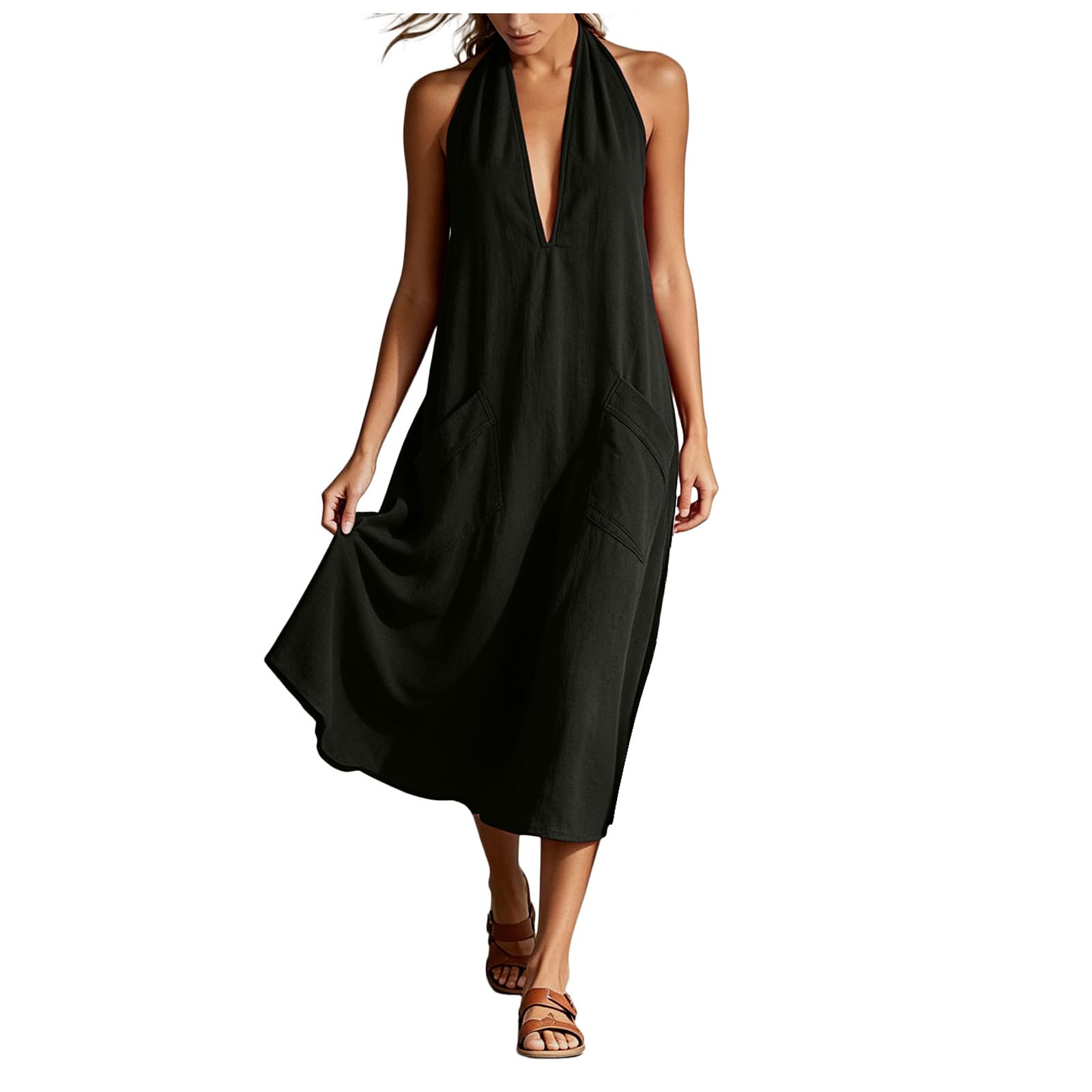 Abito Estivo Donna Cotone Abito Lungo da Donna con Scollo all'Americana, Senza Schienale e Senza Maniche, vestibilità Ampia e svolazzante, Perfetto per L'Estate Le Vacanze al Elegante