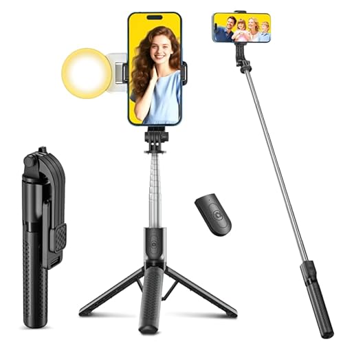Bâton Selfie Trépied pour téléphone avec lumière de remplissage, 125 cm Trépied Smartphone Selfie Stick avec télécommande amovible et trépied stable, adapté pour Samsung/Huawei/iPhone