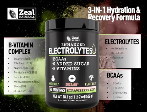 Image of Zeal Electrolyte Powder - 90 Servings | Keto Electrolytes Powder | Zero Sugar, BCAAs, B-Vitamins | Potassium, Zinc, Magnesium | Hydration Powder Recovery Drink | Strawberry Kiwi