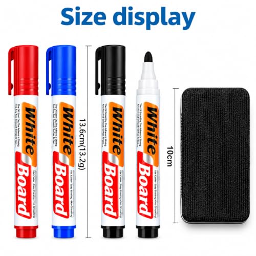 Image of KLIFFOO Whiteboard Markers with Duster Set, 3 Color Bold Point Marker Pens (Blue, Black & Red) with Board Eraser, Refillable & Erasable Ink, White Board Marker for Office, School & Classroom