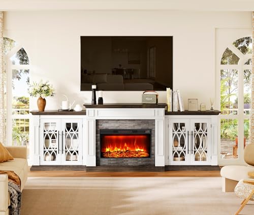 Naice 104" Electric Fireplace with Mantel and Cabinets, Fireplace TV Stand for Living Room Bedroom, 30in Realistic Flame Fireplace and Stacked Stone Surround, Brown - Image 3