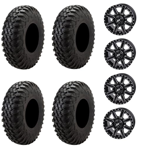 Tusk Racing Four 32x10-14 Tusk TERRABITE Heavy Duty 8-Ply Radial UTV Tires mounted on Tusk CASCADE Wheels - For POLARIS applications 4/156 bolt pattern Includes Lug Nuts (5+2 Offset, Machined/Black)