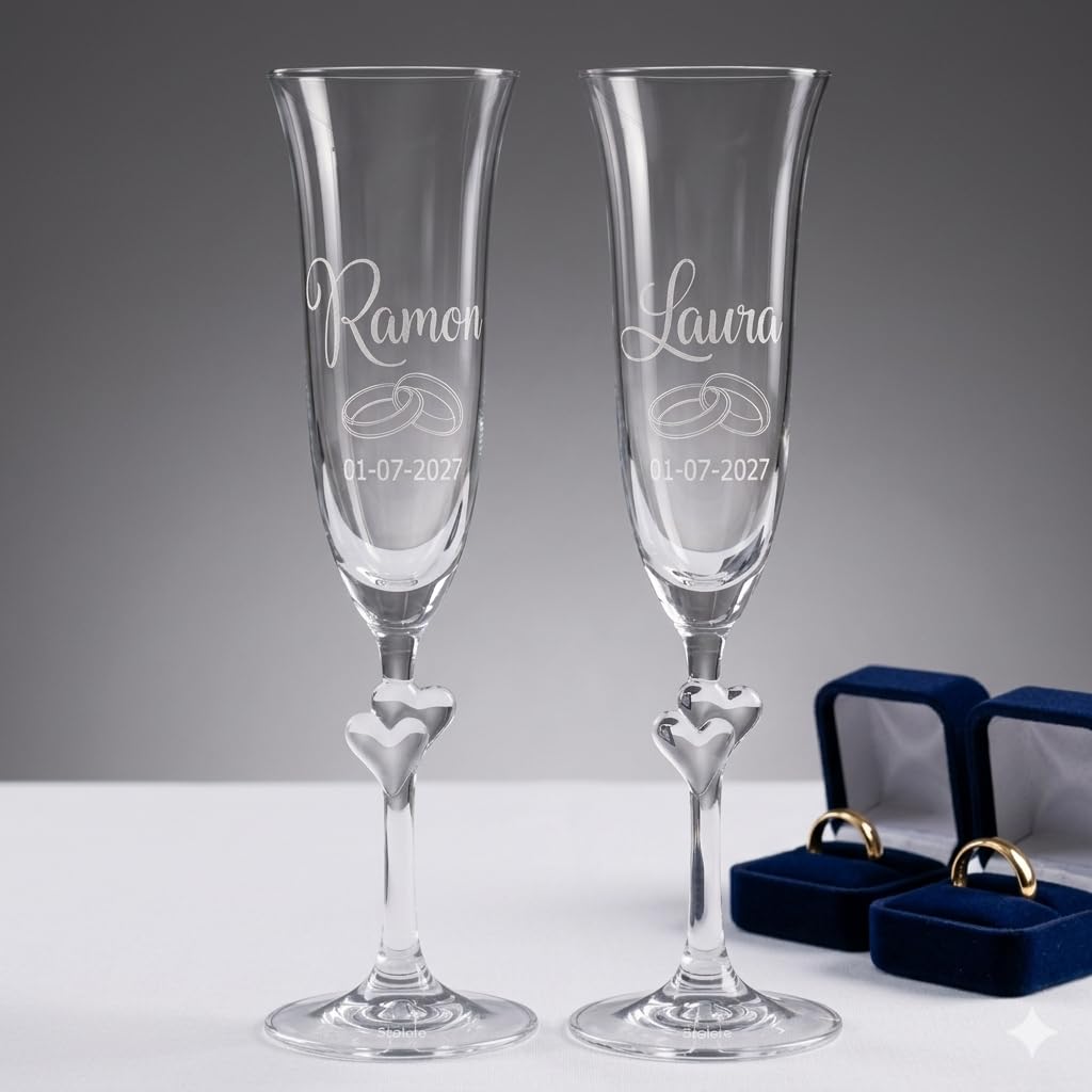 Copas de Boda Personalizadas para Novios con Corazón – Copas de Champán Grabadas con Nombre y Fecha – Copas Brindis Boda – Regalo para Novios con Estuche