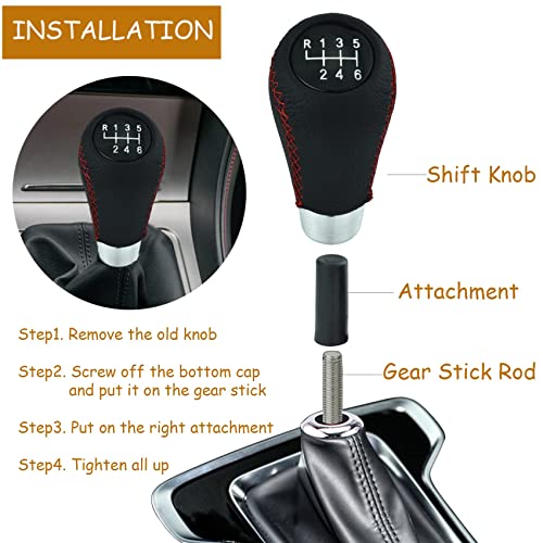 Temzzer 6 Speed Shift Knob Car Shifter Handle Pu Leather Gear Stick Head For Most Manual Automatic Vehicles (Red Stitches) #TOP1