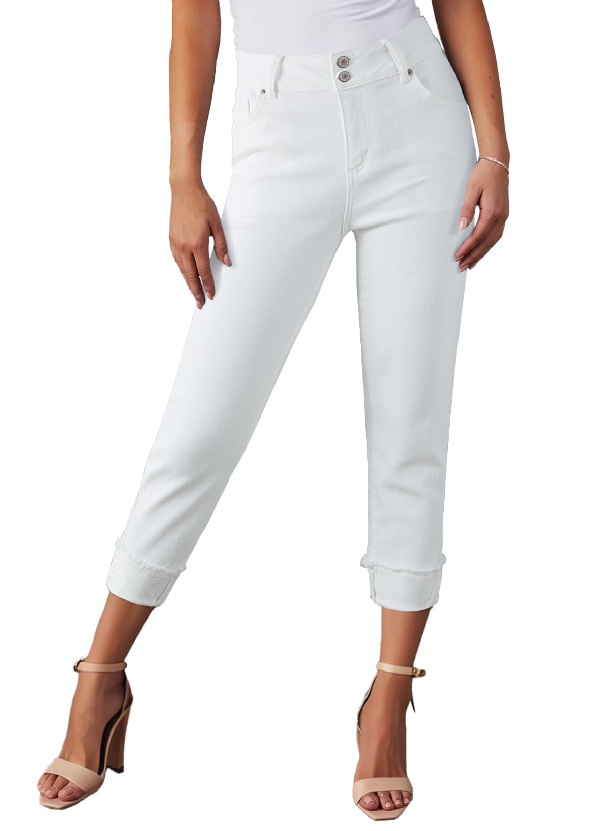 Sidefeel Women's Capri Jeans High Waisted Stretchy Roll-up Skinny Cuffed Cropped Zimbaplatinum Summer Capri Pants