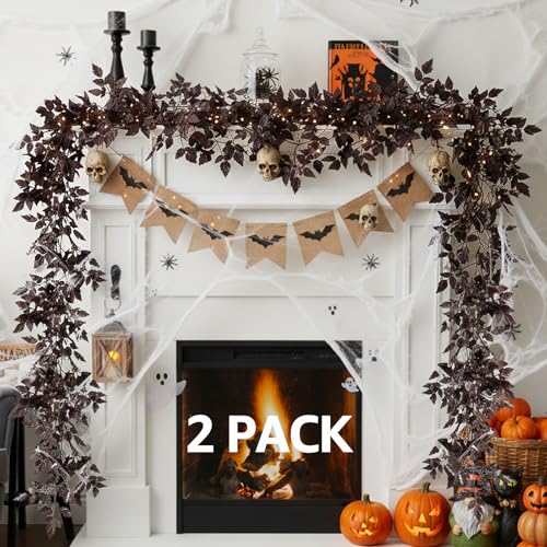 Image of Neutral Fall Garland for Mantle Fireplace - 2 Pack 12 Ft Plum Cimicifuga Seeded Leaf Garlands Purple Autumn Decor Table Decorations for Home Indoor Door Halloween Realistic Leaves Garlands Outdoor