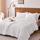 SLEEP ZONE Queen Qulit Set, Uneven Stripe Lightweight Jacquard Coverlets Reversible Bedspreads Bedding Set All Season with 2 Pillow Shams, 3 Pcs, Beige