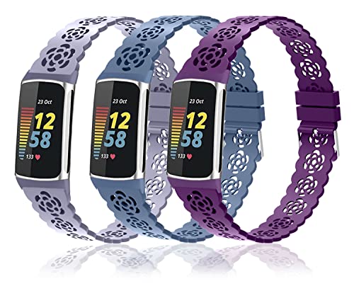 3-Pack Sport Bands Compatible with Fitbit Charge 6/ Charge 5 for Women, Lace Silicone Slim Narrow Thin Rose Hollowed-out Replacement Strap Wristband(Lavender Gray/Alaskan Blue/Dark Purple)