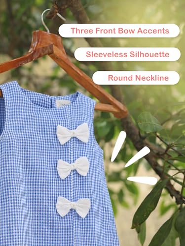 Image of Kidbea Girls Blue Cotton Checked Sleeveless A-Line Dress with White Bow Applique, Soft & Breathable Summer Frock for Toddlers and Kids, Casual & Trendy Outfit
