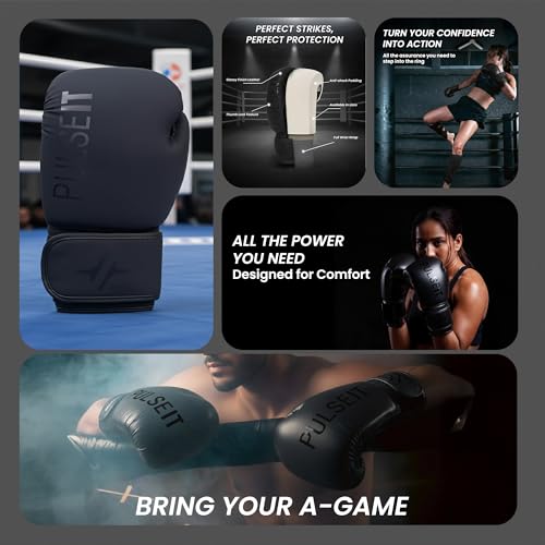 Image of Pulseit Boxing Gloves for Men & Women | Premium PU Leather | Training, Sparring, Kickboxing, Muay Thai & MMA | Multi-Layer Foam Padding, Wrist Support, Breathable (Black)