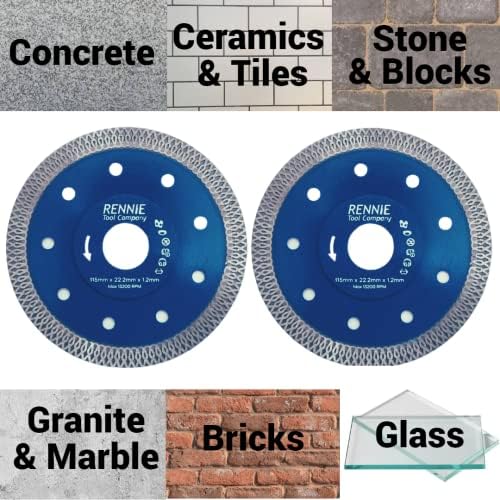 2 x Rennie Tools 115mm Diamond Cutting Discs for Angle Grinder For Porcelain, Tiles, Granite, Marble, Concrete, Stones, Bricks & Ceramics 4.5" Wheel Super Thin Fast Clean Cut. Super Thin 1.2mm