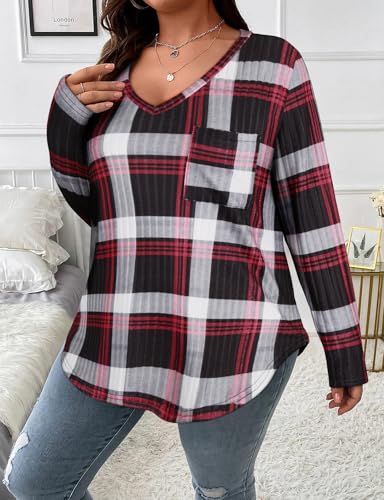 Image of Koscacy Women Plus Size Casual Knit Sweater with Pocket V Neck Solid Color Tops Lightweight Long Sleeve Blouses