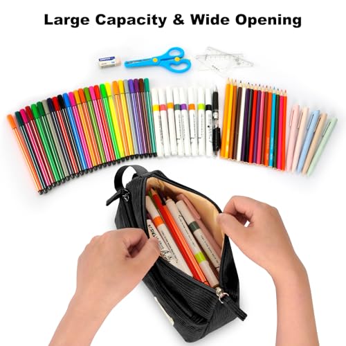 Image of FINPAC Pencil Case, Corduroy Triangle Makeup Bag, Kawaii Pen Bag Pouch Holder Box Organize for Study, Office, or Travel, Black