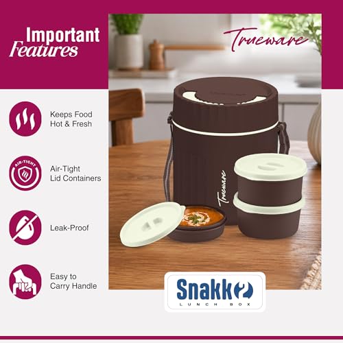 Image of Trueware SNAKK 2 Insulated Hot Lunch Box with 3 PP Container, 2 Container 300 ML Each & 1 Container 200 ML, Food Grade, BPA Free | Office Lunch Box | Tiffin Box