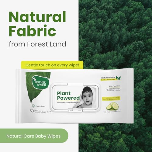 Image of Mother Sparsh Natural Care Baby Wipes 60 Pcs (Pack of 6) I 100% Plant Made Fabric From Forest Land | Fresh+Cleanse (with Cucumber) Plant Powered Wet Wipes For Baby I Cotton Cloth Like Bigger Sheets