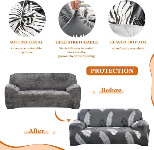 Image of Gurnoor Sofa Cover One 3 Seater and Two 1 Seater Fully Covered Universal 5 Seater for Living Room Non-Slip Sticky Elastic Stretchable Couch Sofa Set Slipcover Protector(Grey-Leaf)