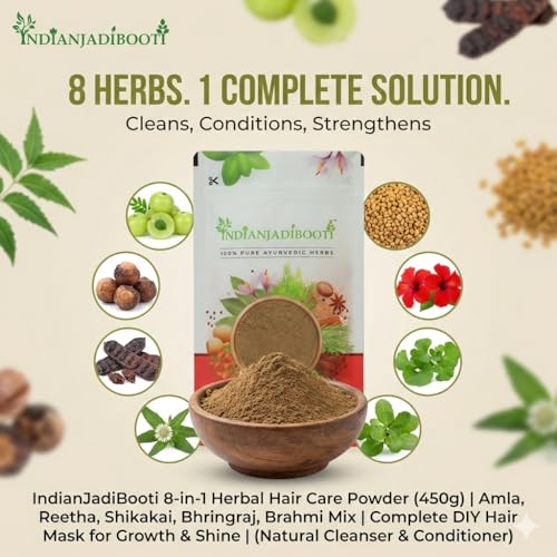 Image of IndianJadiBooti 8-in-1 Herbal Hair Care Powder (450g) | Amla, Reetha, Shikakai, Bhringraj, Brahmi Mix | Complete DIY Hair Mask for Growth & Shine | (Natural Cleanser & Conditioner)