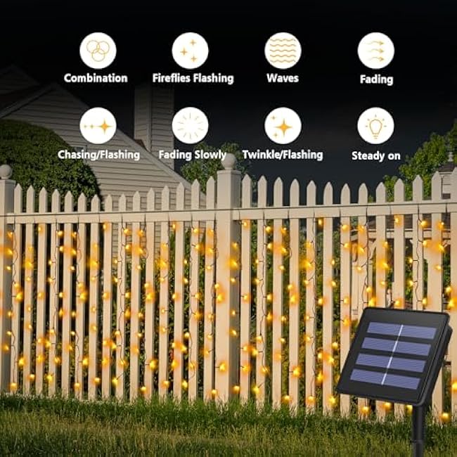 DBFAIRY Solar Curtain Lights,19.6ft x 3.3ft 300 LED Outdoor Christmas Solar Curtain Lights Waterproof Green Wire with 8 Mode for Garden Handrail Railing Eaves Wall Decoration -Warm White