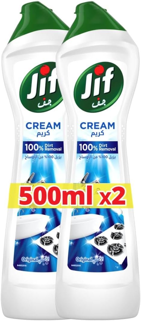 JIF Cream Cleaner, Original, 500ml x 2, with micro crystals technology, eliminates grease, burnt food & limescale stains