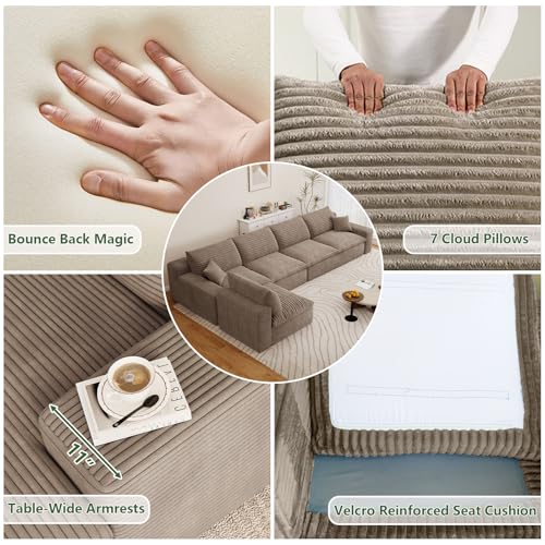 Image of 136 inch Cloud Couch Modular Sectional Sofa for Living Room, L-Shape Boneless Couch with Deep Seat, Modern Corduroy 5-Seater, No Assembly Required,Camel