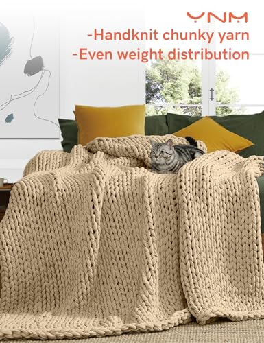 YnM Cotton Weighted Blanket, Handmade Chunky Knitted Design, Soft and Cozy, Temperature Regulating and Breathable, Machine Washable Throw for Sleep or Home Decor (Beige, 48x72 Inch, 20lbs)