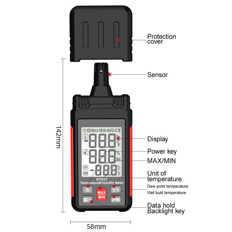 Kadimendium Handheld Temperature Humidity Meter High Accuracy ABS Hygrometer Thermometer Temp Detector with Ambient Dew Point Wet Bulb LCD Backlight - Image 2