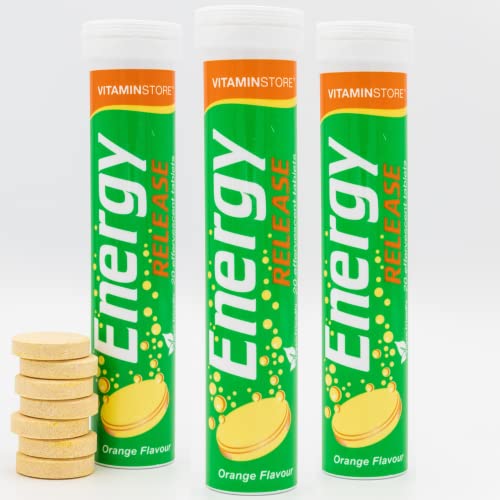 Vitamin Store Energy Release Effervescent Tablets - 3 Packs 20 Orange Flavoured Fizzy Dissolvable Energy Supplement - Vitamins C B1 B2 B12 Magnesium & Zinc - 2 Month Supply 60 Effervescent Tablets