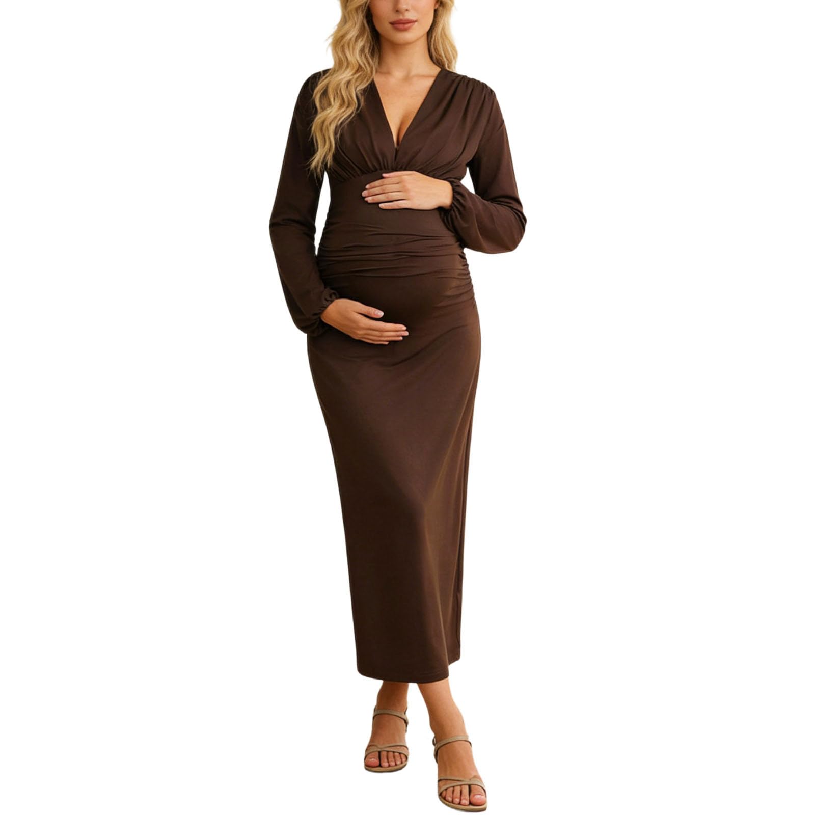 Generisch Elegante vestido de maternidad ajustado con mangas largas para ocasiones formales, material elástico, dobladillo con volantes para embarazo