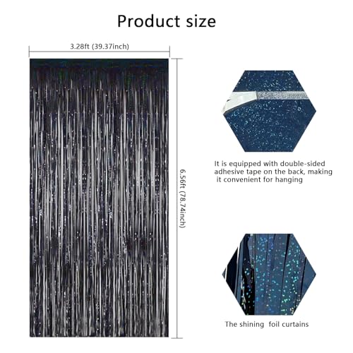 Image of Black Tinsel Foil Fringe Backdrop Curtains for Halloween Party Decorations