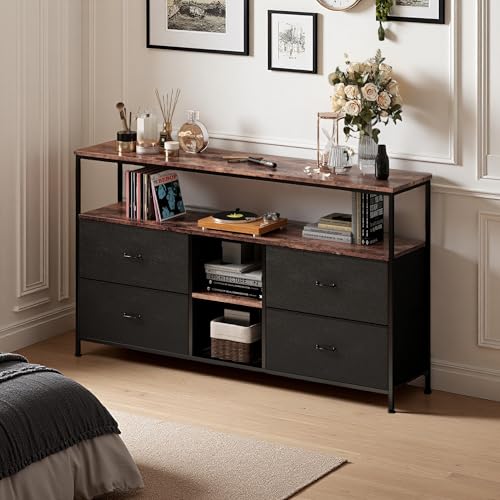 MEXUS Meuble TV, LED Meuble Tele Haut, Meuble TV avec Rangement, Etagères Réglables, 4 tiroirs en Tissu, Intégrez Solutions Rangement Optimisez Visionnage...