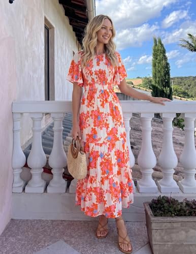 Image of ZESICA Women's 2026 Summer Boho Floral Maxi Dresses Casual Short Flutter Sleeve Smocked Tiered Flowy Dress
