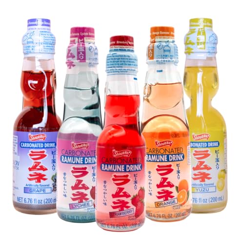 Ramune Japanese marble soda 5-flavor variety pack, strawberry lychee orange yuzu and grape, carbonated soft drinks in glass bottles, classic Japanese fizzy beverage - Pack of 5