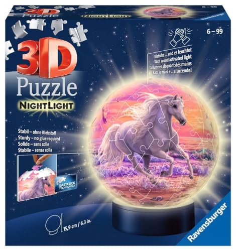 Ravensburger 3D Puzzle 11843 - Nachtlicht Puzzle-Ball Pferde am Strand - 72 Teile - ab 6 Jahren, LED Nachttischlampe mit Klatsch-Mechanismus