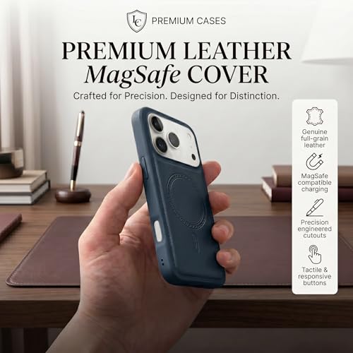 Image of amazon basics Premium PU Leather Case for iPhone 17 Pro Max, MagSafe Compatible Magnetic Ring, Sleek Protective Back Cover - [Blue]