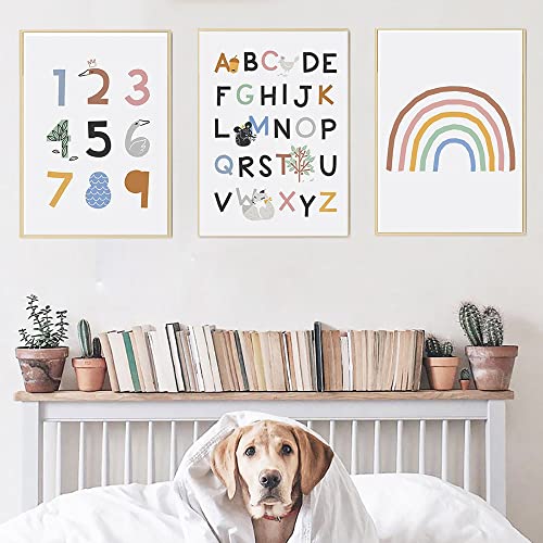 wurenhui 3 Affiche Bebe Garcon Fille Toile Arc en Ciel Numéro Lettres Alphabet Poster Educatif Enfant Chambre Tableaux Cadeau sans Cadre 30x40CM Cover