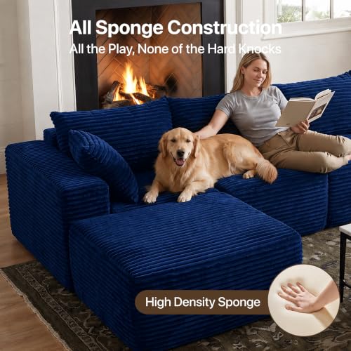 Image of Claiks 132 inch Boneless Couch, U-Shape Corduroy Sectional Sofa, Blue