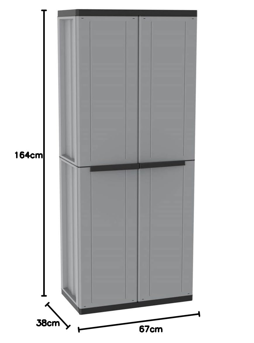 Kreher Spindschrank, Kunststoffschrank in Grau. Mit Regal und Freifach für z.B. Besen. Abschließbar. Maße ca. 67 x 38 x 164 cm.