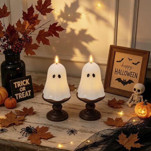 Image of Ghost Flameless Candles with Remote Timer, Spooky Halloween Decor For Home | Flickering Battery Operated LED Candles, Real Wax, Hand Painted, Table Fireplace Mantel Party Festival Decoration Gift, 2Pack